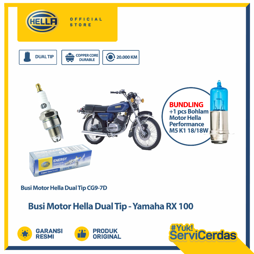 Busi Motor Yamaha RX100 Hella Dual Tip CG9-7D Bundling Bohlam Motor M5 12V 18/18W 4500K-1 - Lampu Mo