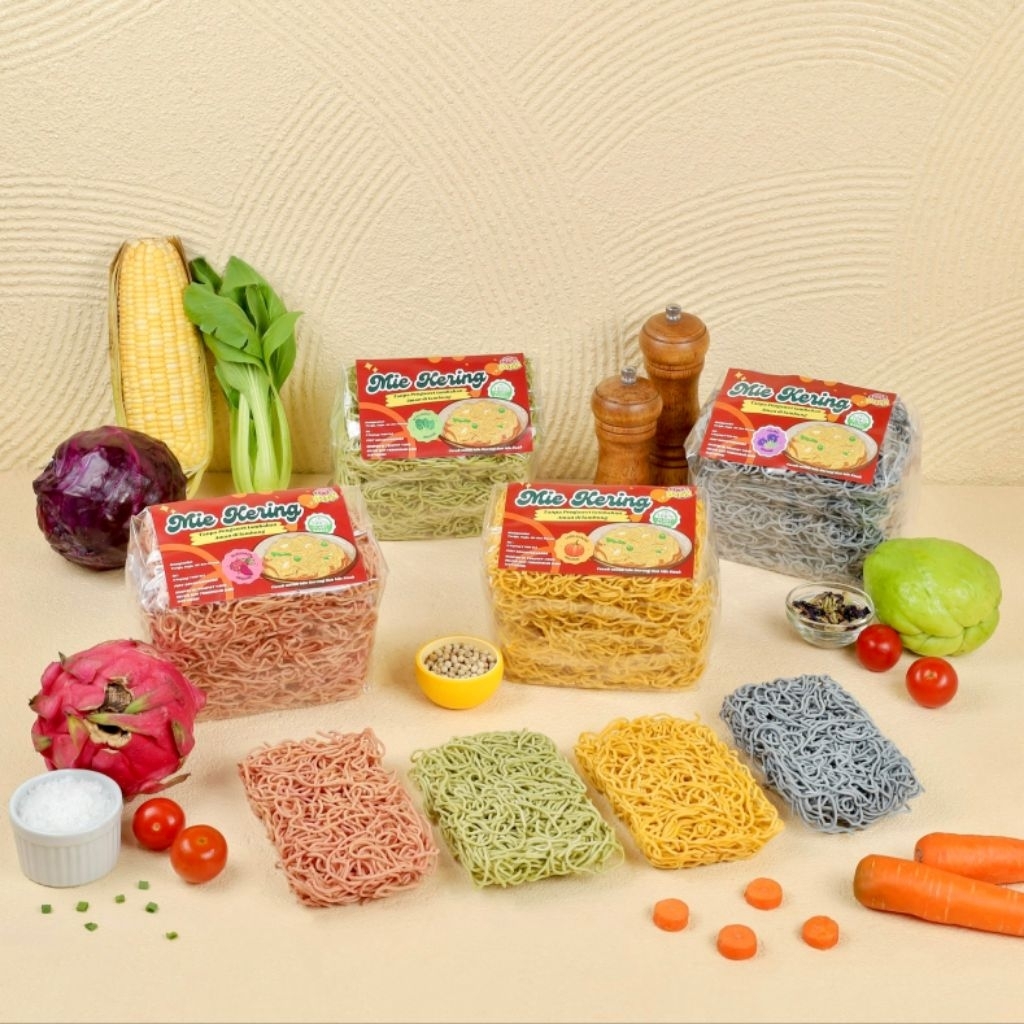 

Mie Kering Sayur & Buah | Sehat Alami – 100% Plant-Based | Varian Sawi, Labu Kuning, Buah Naga, Bunga Telang | Tanpa Pengawet & Telur