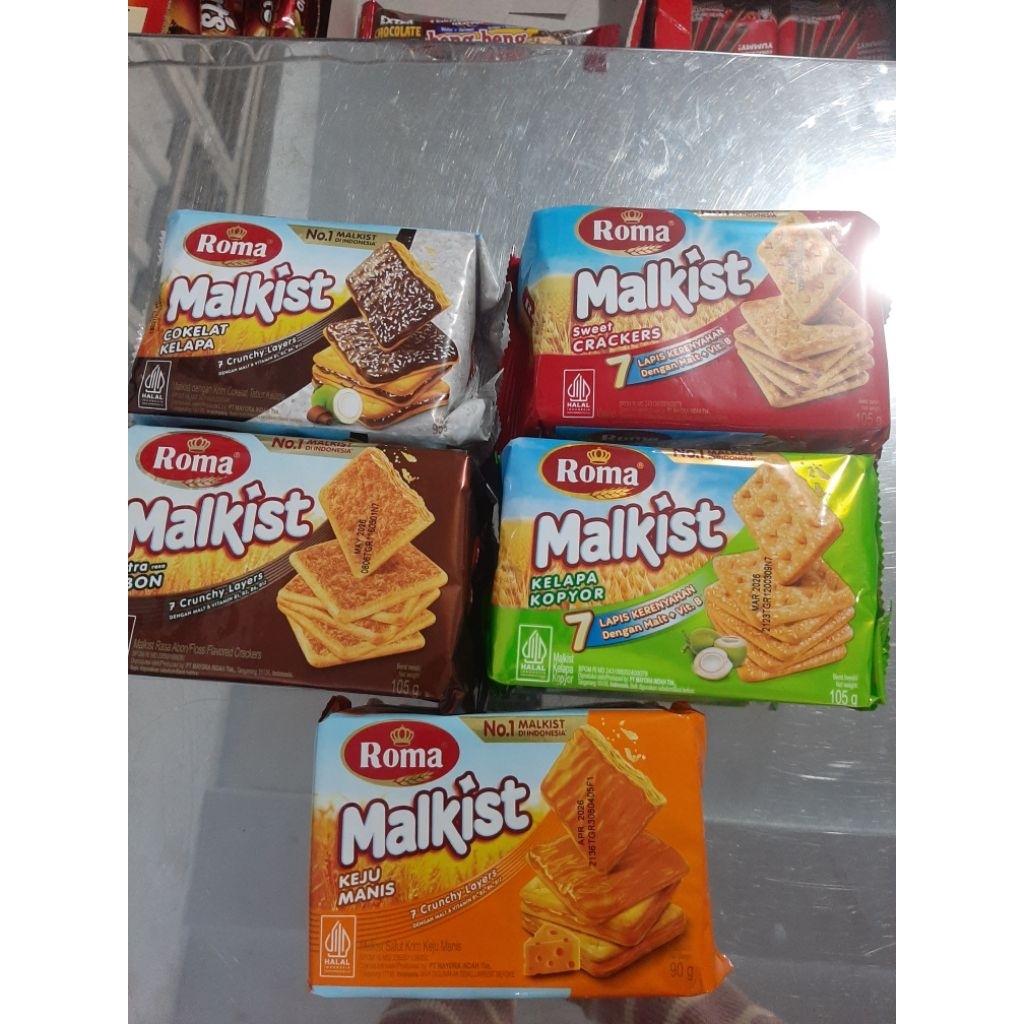 

Roma malkist all varian sweet crackers 105g |coklat kelapa 95g |keju manis 90g|kelapa kopyor 105g