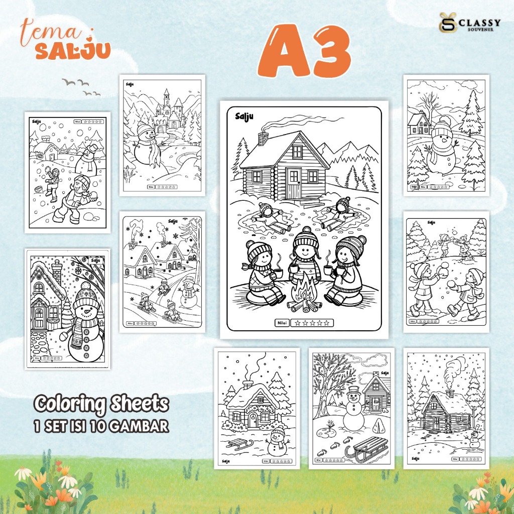 

LEMBAR GAMBAR MEWARNAI ANIMASI ANAK 1 SET ISI 10 GAMBAR - [TEMA SALJU] - COLORING SHEETS FOR KIDS A3