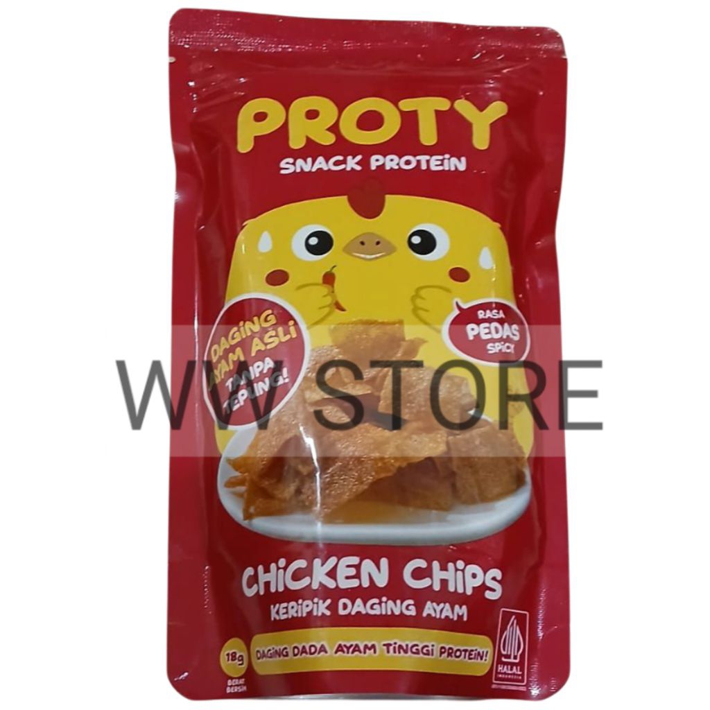 

Keripik kripik daging dada ayam asli TANPA TEPUNG rasa pedas halal MUI PROTY Protein Snack Spicy Flavour Chicken Chips 18g