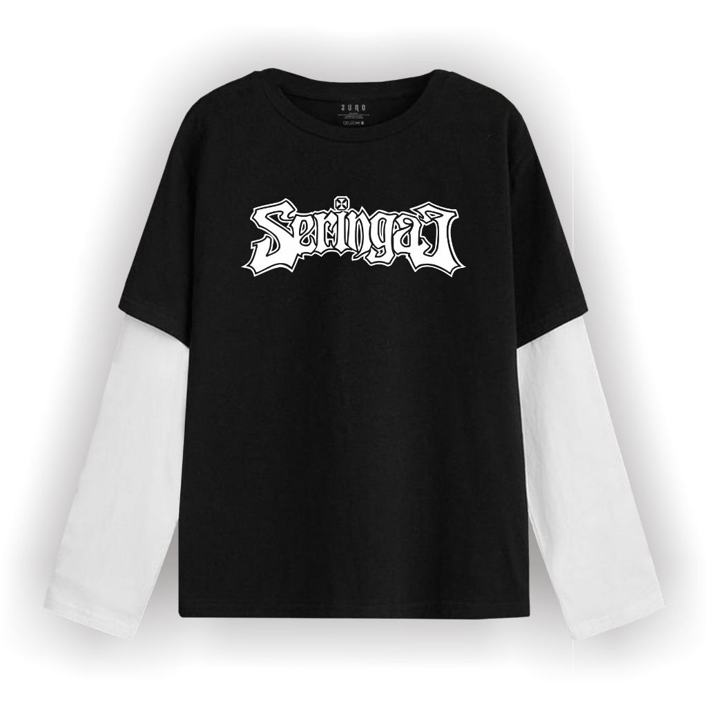 Zuro - T-shirt Double layer Seringai Font long sleeve  kaos pria wanita