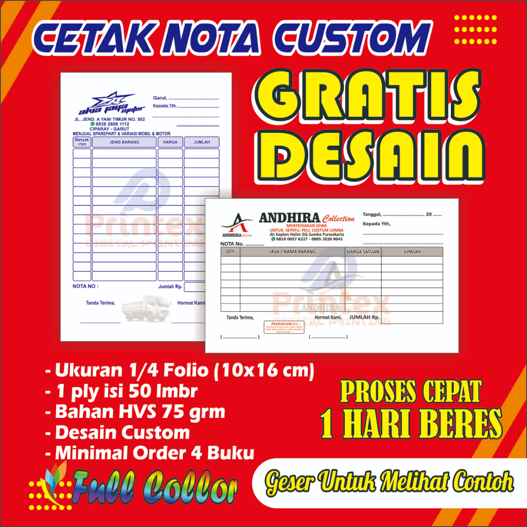 

Cetak nota custom Full Collor 1 ply ukuran sedang 1/4 folio