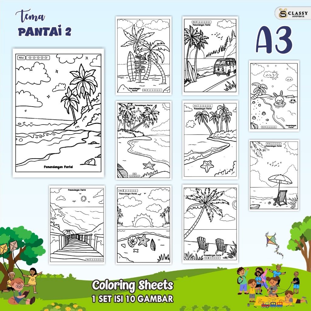 

LEMBAR GAMBAR MEWARNAI A3 BAGIAN TEMA PANTAI - KERTAS MEWARNAI ANAK - COLORING SHEETS FOR KIDS