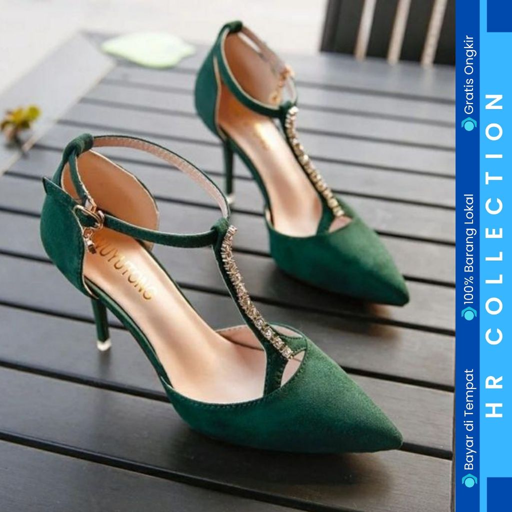 HR COLL - SANDALS HEELS HAK STILETTO 9CM BAHAN FULL SUEDE LEMBUT KOMBINASI MANIK PERMATA GOLD TALI G