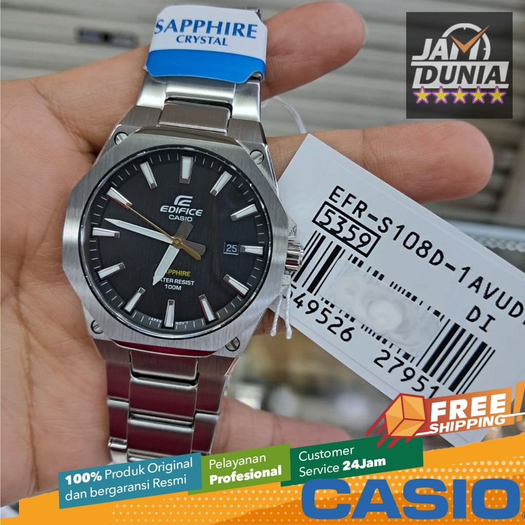 JAM TANGAN PRIA CASIO ANALOG ORIGINAL STAINLESS STEEL SLIM LINE SAPPHIRE SILVER BLACK EDIFICE EFR-S1