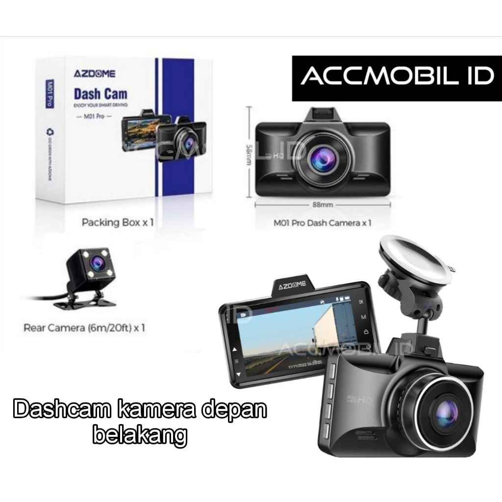 Dashcam kamera mobil depan belakang Dvr dashcam azdome M01 pro front + rear