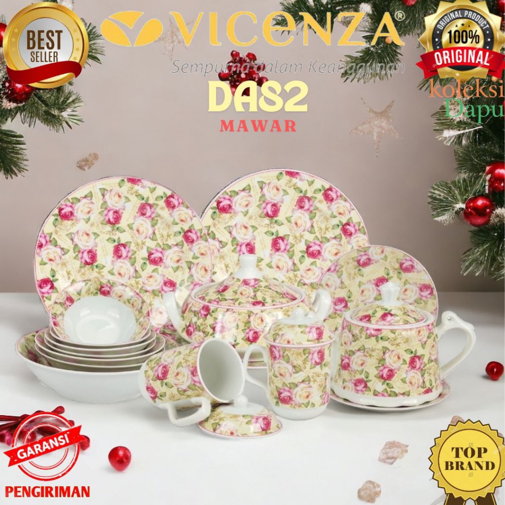 Perlengkapan Makan MAWAR Da82 VICENZA, lengkap dengan 4 Piring VICENZA size 7 dan 10,5 inch, 7 Mangk