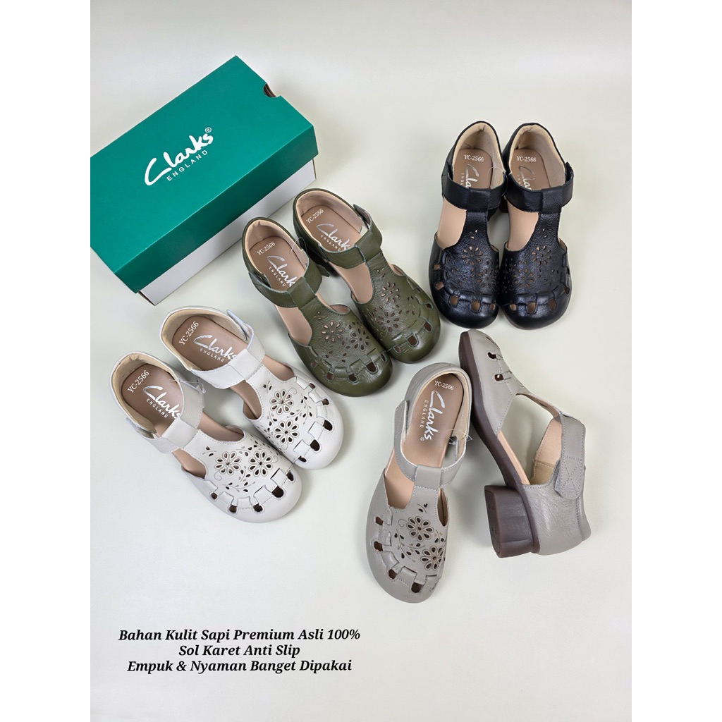 Sepatu Kulit Clarks YC-2566 Strap Block Heels 3,5cm Wanita Cewek