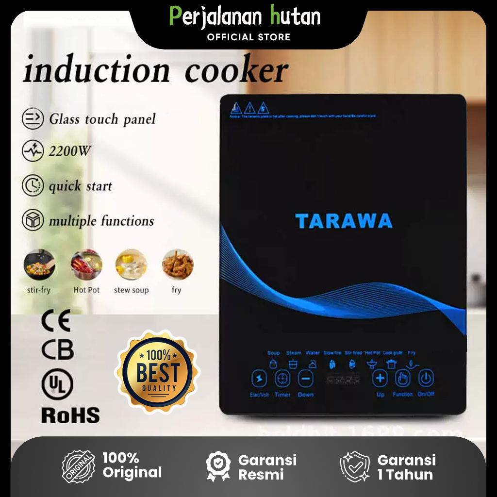 Kompor Induksi 2200W Hemat Listrik dengan Wajan - Panel Mikrokristal Sentuh, Timer & Multifungsi