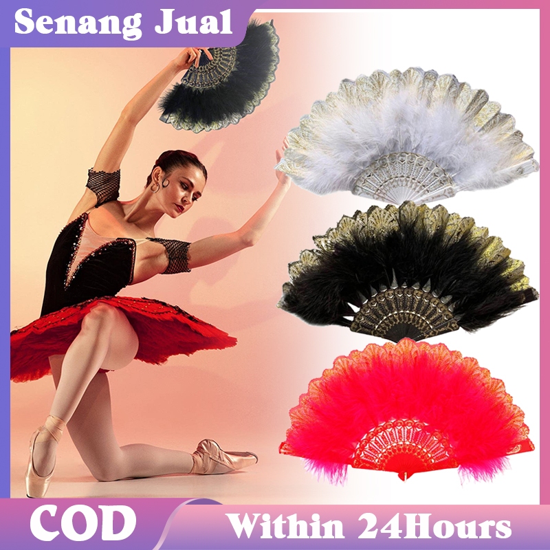 Kipas Bulu Untuk Menari Putih/Merah/Hitam Kipas Tangan Bulu Ayam / Classical Folding Fan