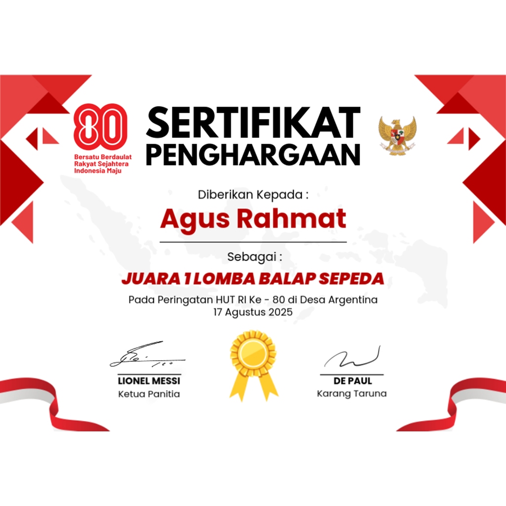 

Piagam / sertifikat Juara Pemenang Lomba Peringatan HUT Kemerdekaan RI Tahun Ini