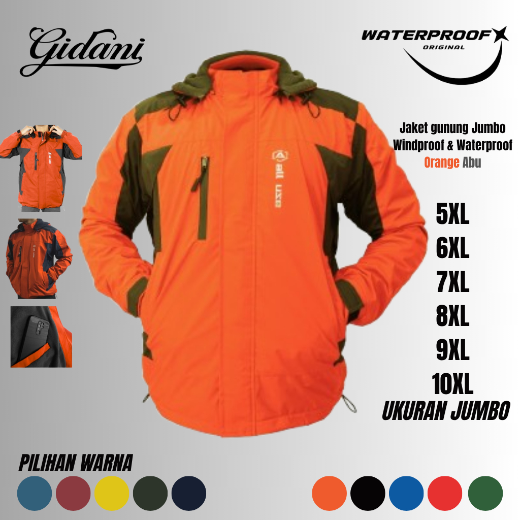 JAKET GUNUNG BIG SIZE JUMBO 5XL 6XL 7XL 8XL 9XL 10XL OUTDOOR ANTI AIR JAKET OUTDOOR PRIA ORANGE ABU
