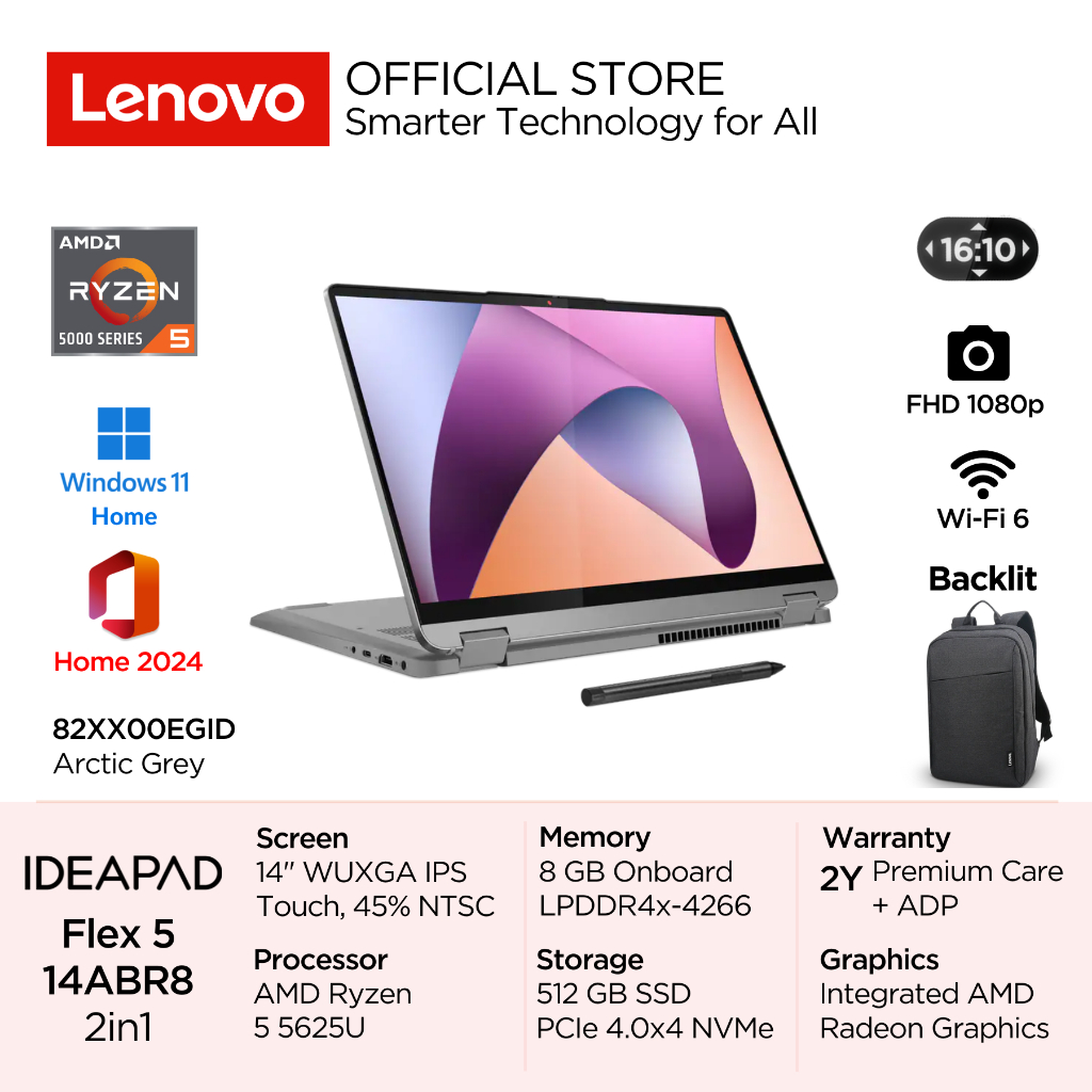 Lenovo 2in1 IdeaPad Flex 5 14ABR8 AMD Ryzen 5 5625U Win11 8GB 512GB SSD 14" WUXGA IPS Glossy Touch I