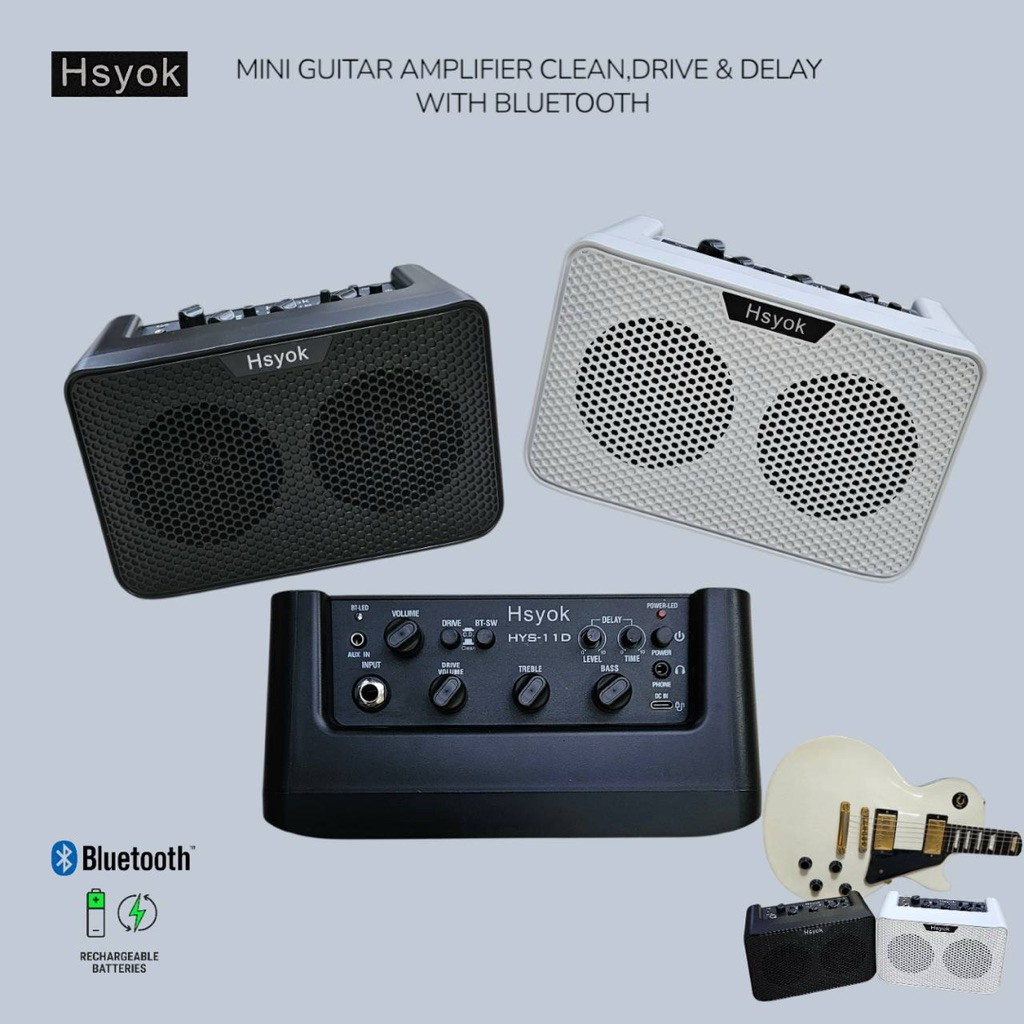 HYSOK Amplifier Gitar Mini Portable |  Clean, Overdrive, Delay & Bluetooth