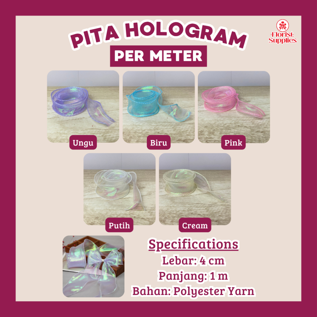 

[PER METER] Pita Fishtail Hologram 4 CM Korean Ribbon Glossy Pita Organza Keriting Pita Kado Buket