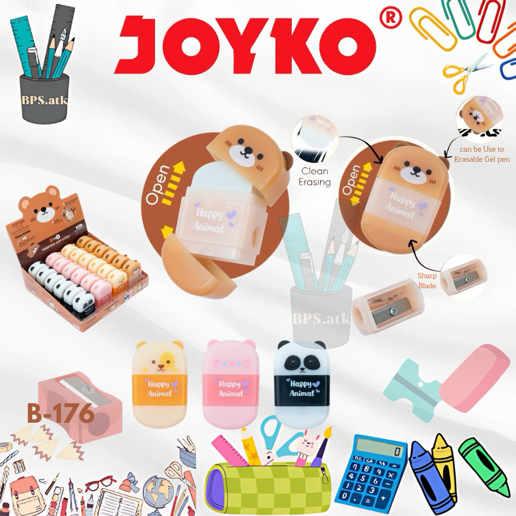 

(4 pcs) Serutan + Penghapus 2 in 1 JOYKO B - 176 Happy Animal