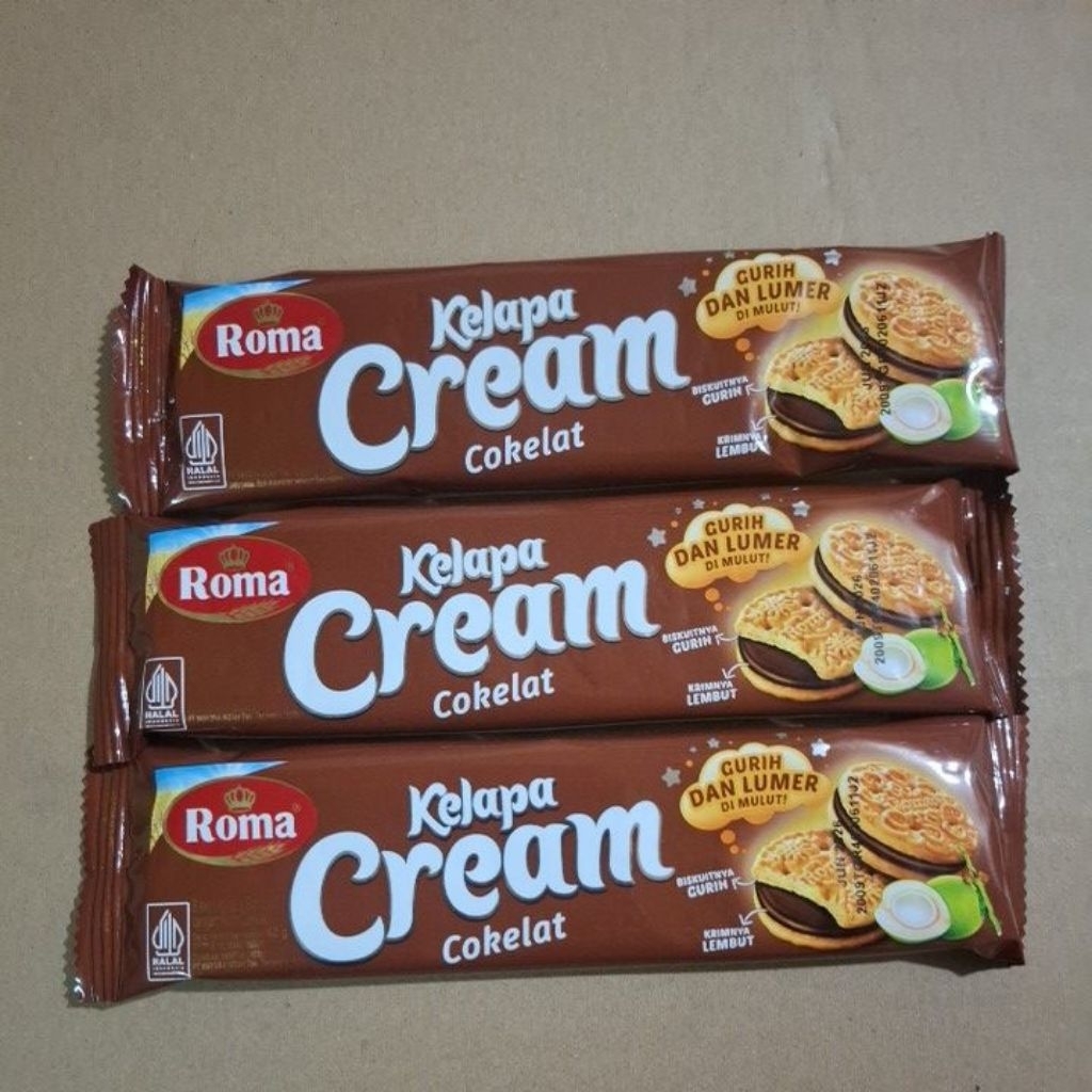 

Roma kelapa Cream 40 gram (susu vanila dan cokelat). 1 box isi 12 sct