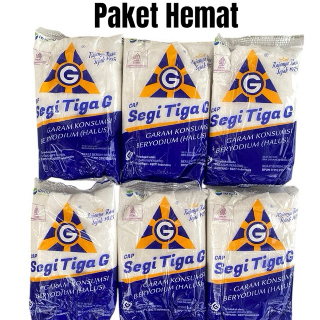 

Paket 6pcs Garam Cap Segi Tiga 200gr Garam Dapur Beryodium Halal (extra promo)