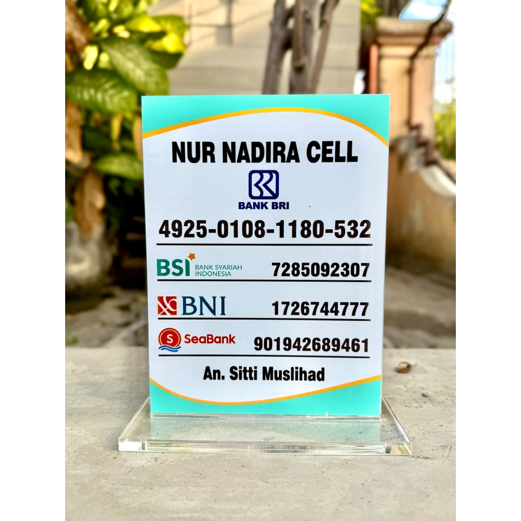 

AKRILIK MEJA / PAJANGAN UKURAN 15x20cm BISA CUSTOM EDIT NOMOR REKENING E-WALLET DLL
