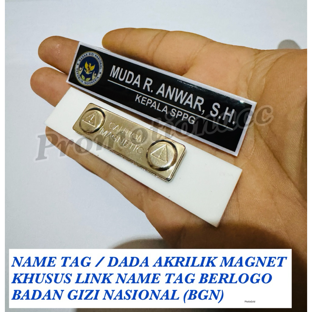

Name Tag / Papan Nama Dada Magnet Khusus Link Logo BADAN GIZI NASIONAL (BGN) 2cm x 8cm Tebal 3mm Akrilik Resin