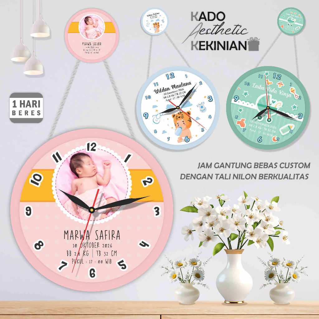KADO AESTHETIC KEKINIAN - JAM DINDING CUSTOM KAYU 20CM - HADIAH KELAHIRAN BAYI DENGAN NAMA FOTO