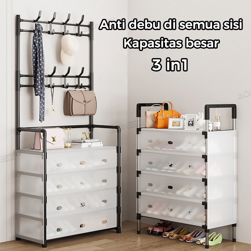 T-SEA 5L Rak Sepatu Tertutup Anti Debu Serbaguna Rak Penyimpanan Dengan Penutup Gantungan Tas Pakaia