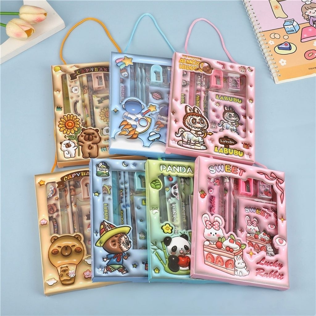 

Stationery Alat Tulis Set 6 in 1 Karakter 3D Pensil Penggaris Rautan Penghapus Notes Cocok Buat Kado