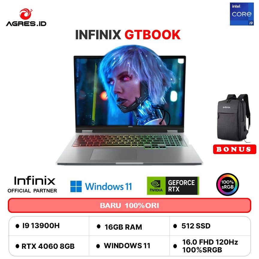 INFINIX GTBOOK I9 13900H RTX4060 8GB/ 16GB 512GB W11+OFFICE 16.0FHD 120HZ 100SRGB RGB SILVER