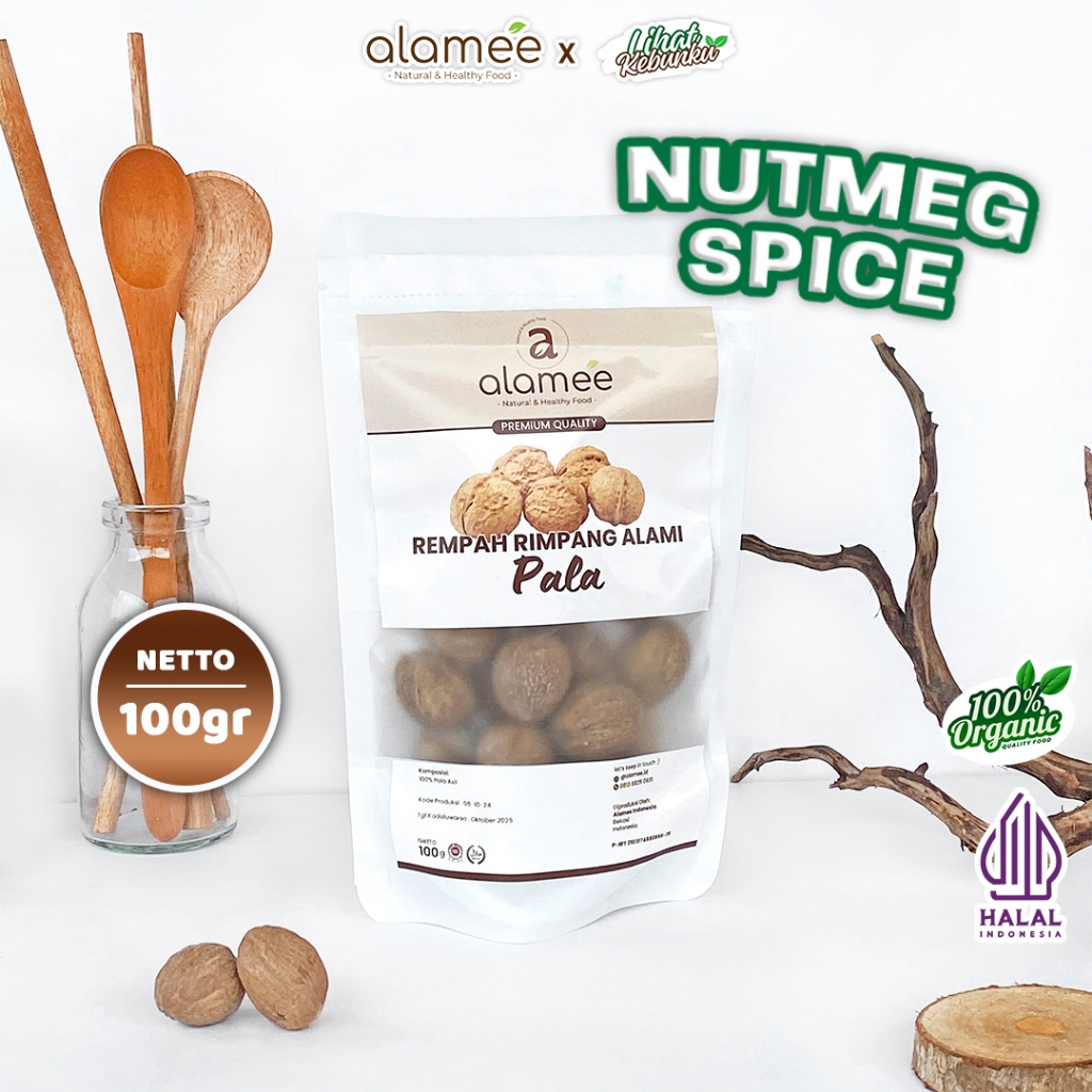 

ALAMEE Biji Pala Utuh Rempah Kering Nutmeg Whole Rimpang Organik Alami Bumbu Seasoning Masakan 100gr LIHAT KEBUNKU