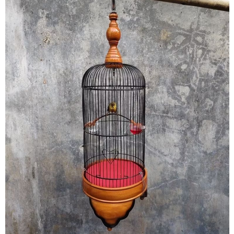 Sangkar Helopet Pleci Finishing Melamin Natural Fullset Tebok Kayu Model Cincin