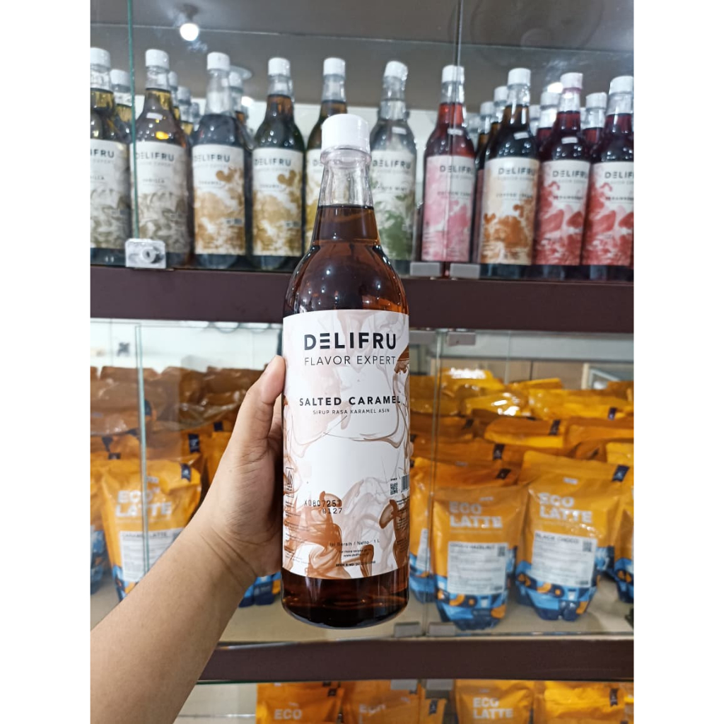 

DELIFRU SALTED CARAMEL SYRUP DRINK KEMASAN 1 LITER SALTED CARAMEL PREMIUM/BPOM/HALAL