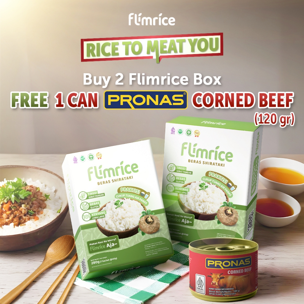 

Rice To Meat You - 2 Flimrice Box free 1 Can Pronas Corned Beef (120 gr)
