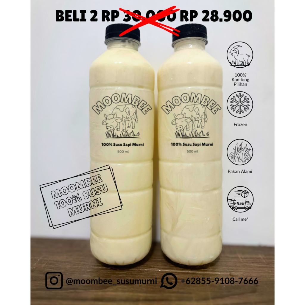

MOOMBEE Susu Sapi 100% Murni 500ml – Bundle 2 Botol | Susu Segar Tanpa Campuran, Aman Lambung