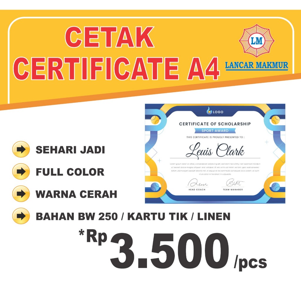 

Cetak Sertifikat Undangan A4 Murah – Bahan Kartu Tik, Linen, BW | 1 & 2 Sisi | Undangan Sertifikat A4 Custom