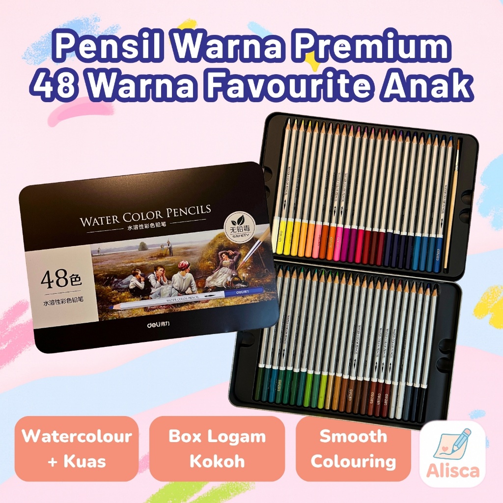 

Pensil Warna Watercolor 48 Warna 6523 - Deli Metal Box Premium untuk Anak Gambar & Mewarnai - Alisca