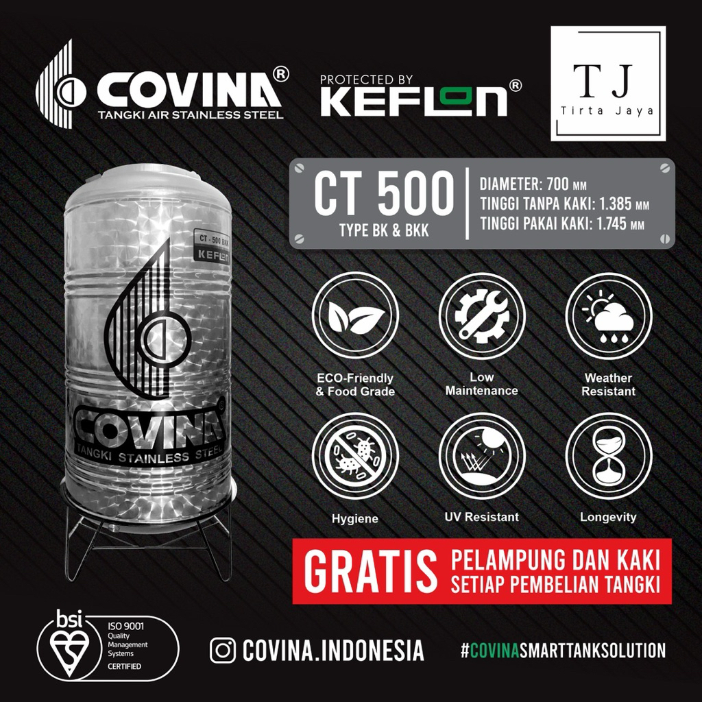 Tangki Air COVINA STAINLESS STEEL CT 500 BK BKK Tandon Air Toren Air