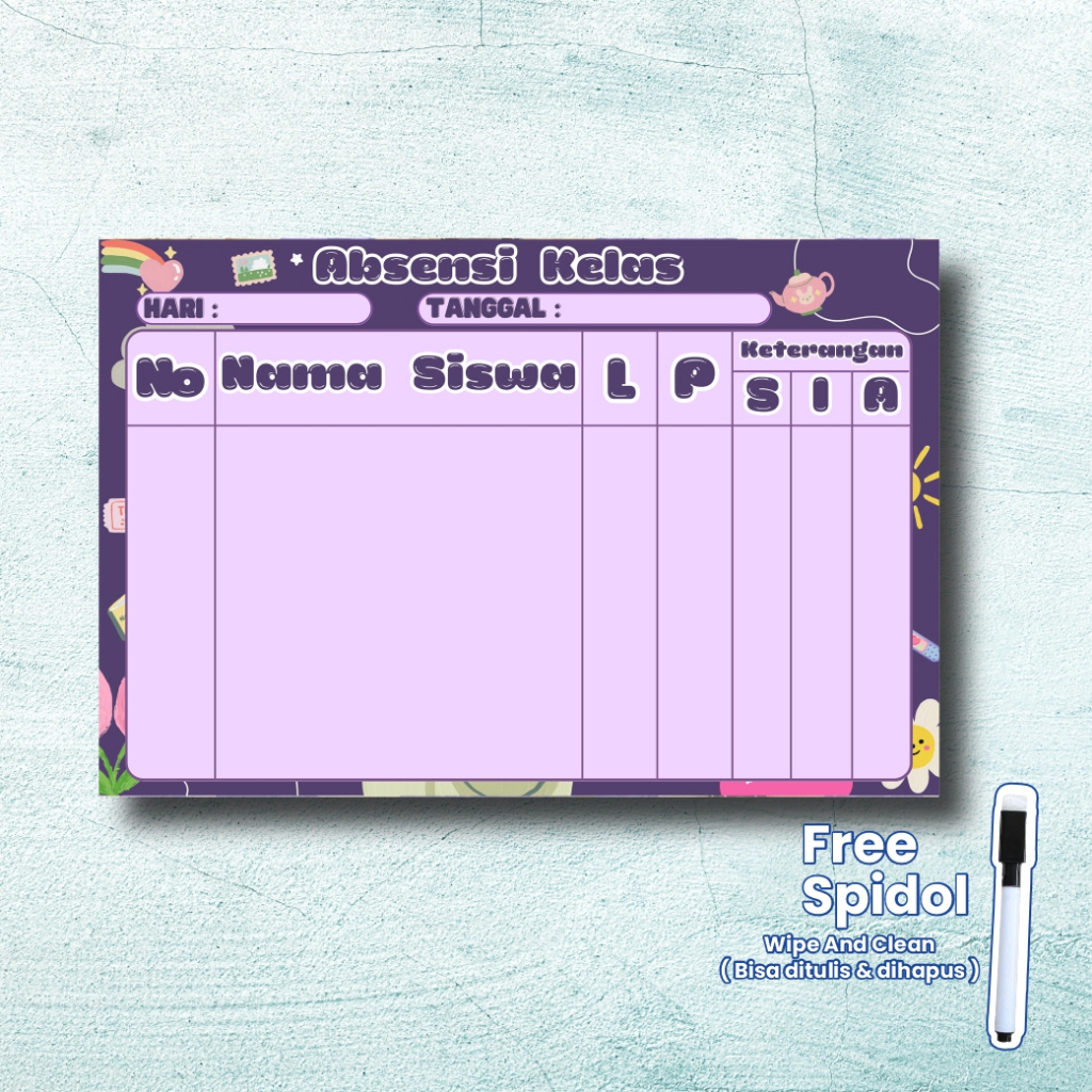 

Poster Kertas Papan Absensi Harian Kelas Wipe & Clean Sekolah Aesthetic SD SMP SMA