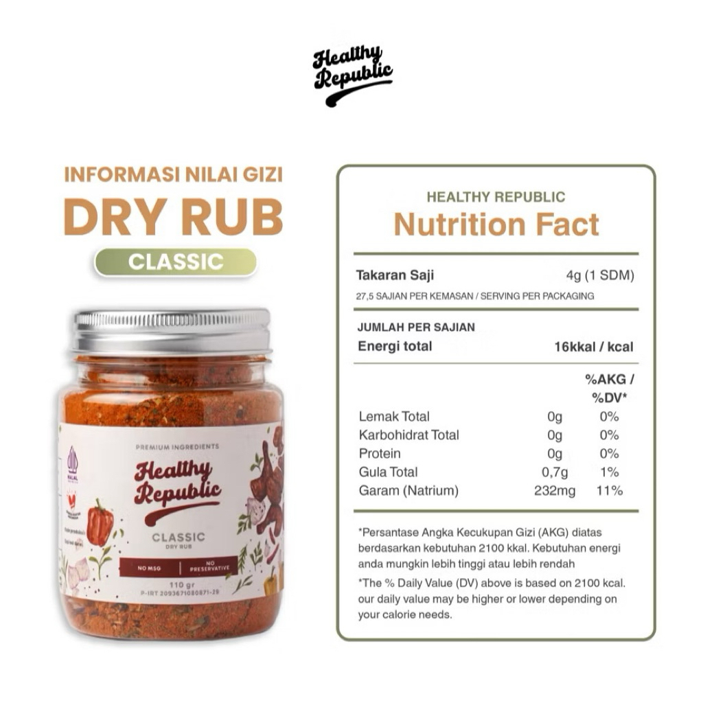 

(PROMO PRODUK BARU ) Healthy Republic Bumbu Marinasi Tanpa MSG Serba Guna Rendah Kalori Rendah Lemak Spices 110Gram rasa classic bumbu marinasi praktis dan sehat