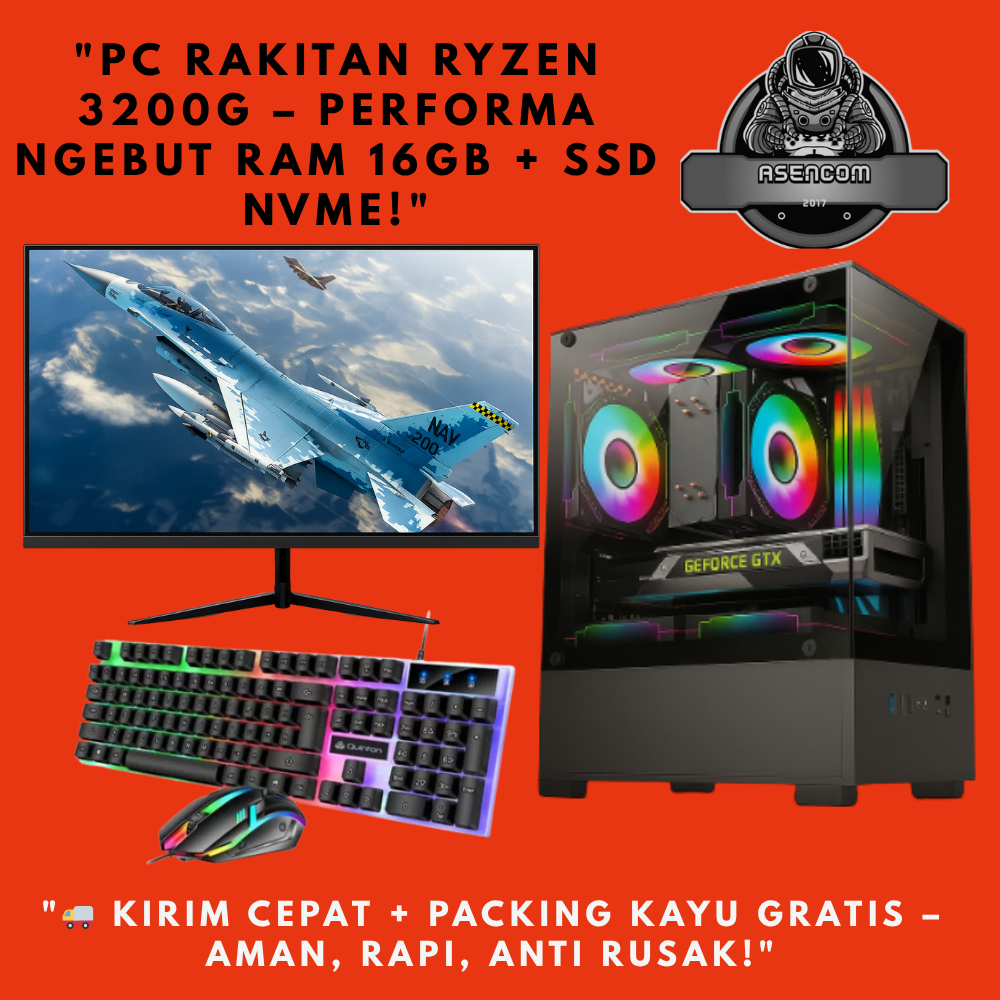 "PC CPU Gaming Ryzen 3200G Full Set – RAM 16GB + NVMe + Monitor 22” • Cepat & Terjangkau"