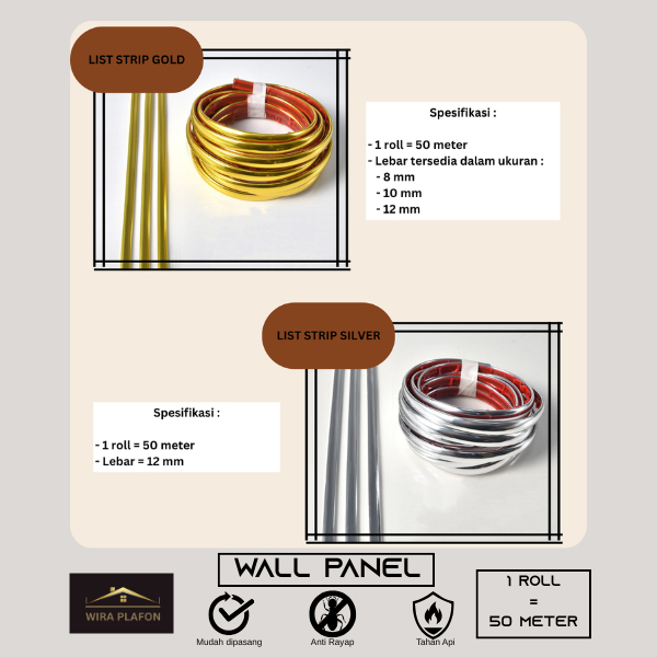 Wira Plafon PVC - List Strip Mirror / Wall Sticker Panjang / Lis Gold / Lis Silver
