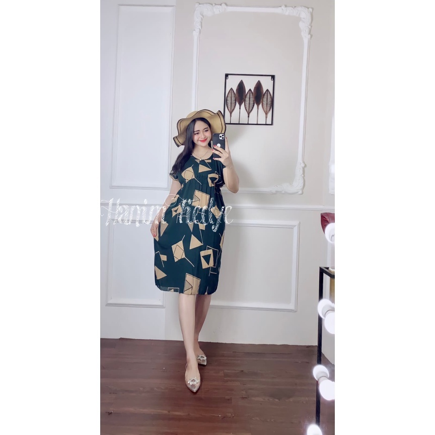 Daster Manohara Bali Midi Dress Lengan Pendek Motif Segitiga Bahan Rayon Adem Premium