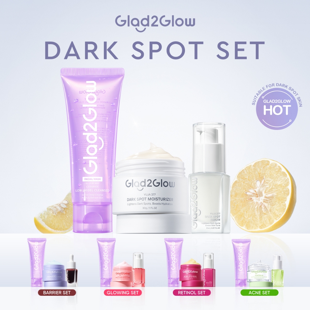 Glad2Glow bundle 3in1 paket Skincare- Moisturizer+Serum+Cleanser- Face Wash Glowing Kit Dark Spot Ac