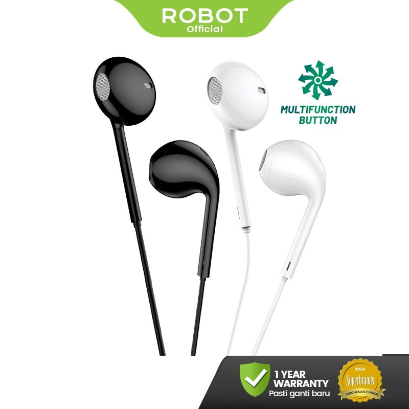 ROBOT RE10 Headset Kabel Earphone 3.5mm Bass Jernih Ergonomis dengan Mic Tombol Multifungsi Play/Pau