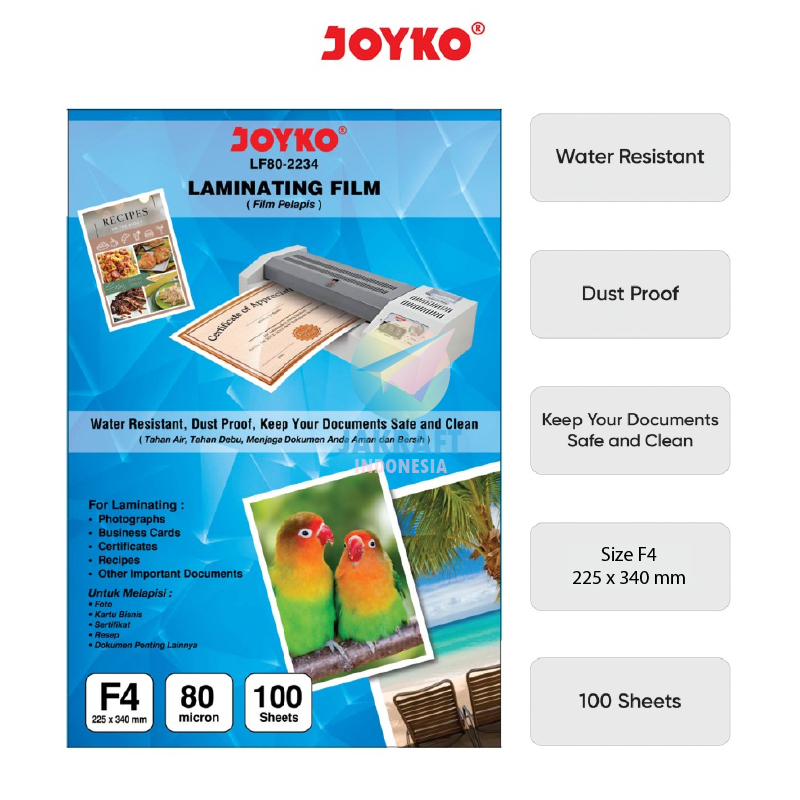 

(100 Pcs) Plastik Laminating Glossy F4 JOYKO LF180-2234 Folio Tebal Film 80 Micron (22.5 x 34 Cm) Kuat Murah Mengkilap