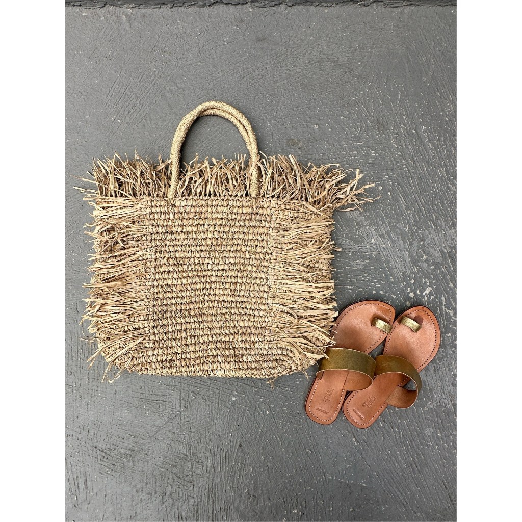 Lempung Tas pantai anyaman benang  Raffia tote bag Woven Beach Straw Natural Bali bag