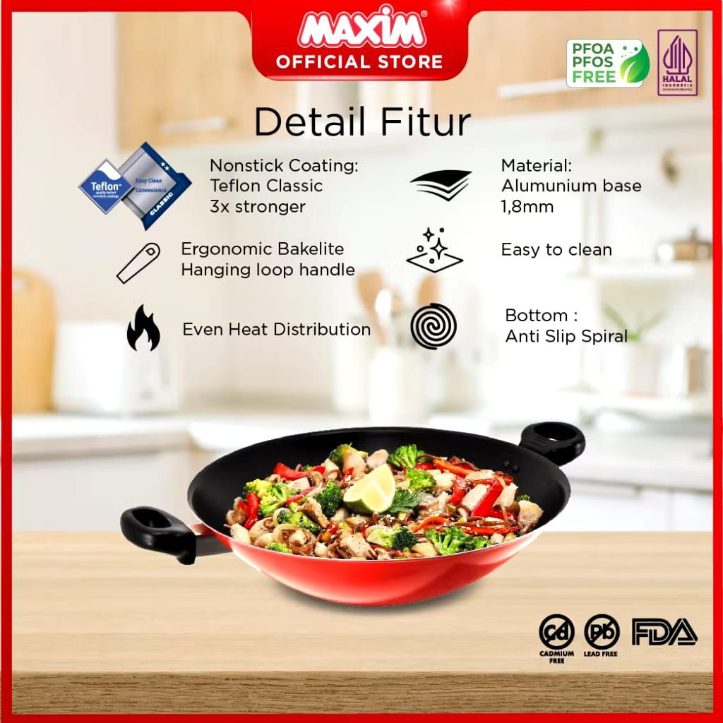 Wajan Penggorengan Maxim Valentino Wok 30 cm - 36 cm Teflon Anti Lengket Teflon Penggorengan Maxim
