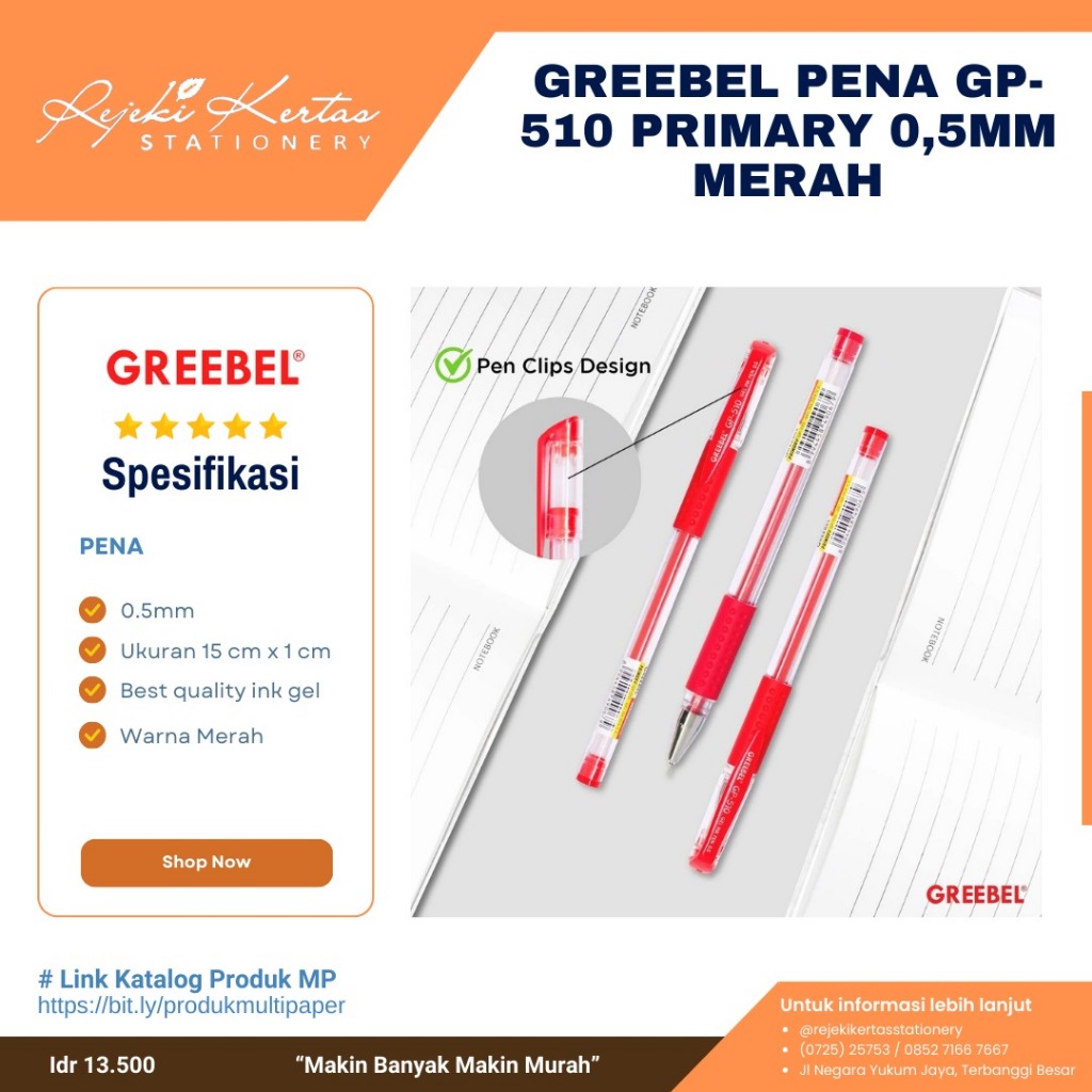 

Greebel Pena GP-510 Primary 0.5mm Warna Merah (1 pak isi 12)
