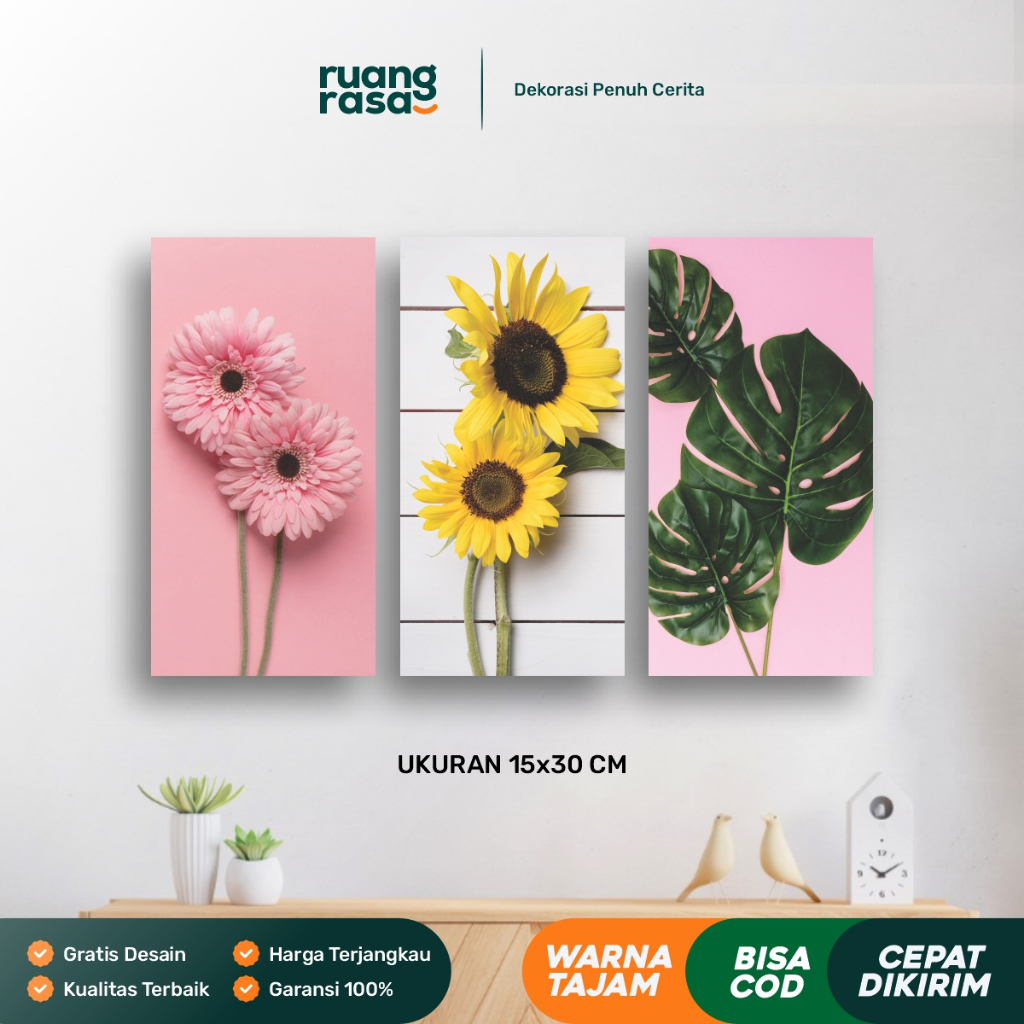 RUANGRASA - Hiasan Dinding Poster Kayu Dekorasi Kamar Bunga Wall Decor - Varian FL 1-21