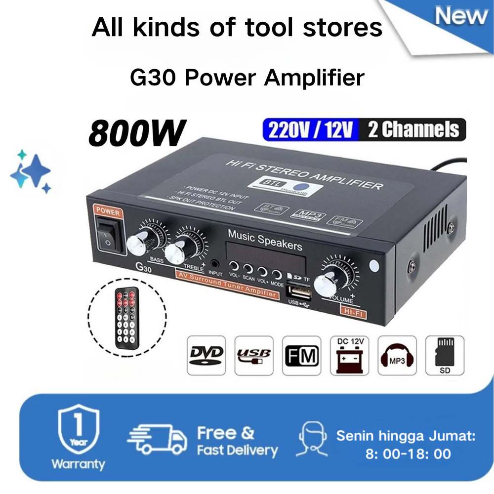 800W G30 Mini Amplifier/12V/220V FM SD HiFi Bluetooth 5.0 Stereo Player/Power Amplifier 2 Channel Ch